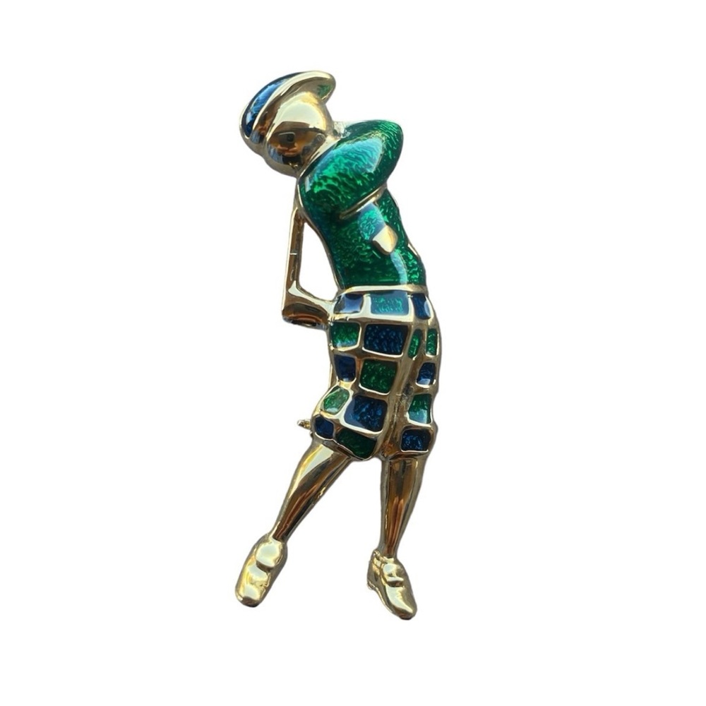 Vintage Golf Brooch Gold tone Green Golf Jewelry